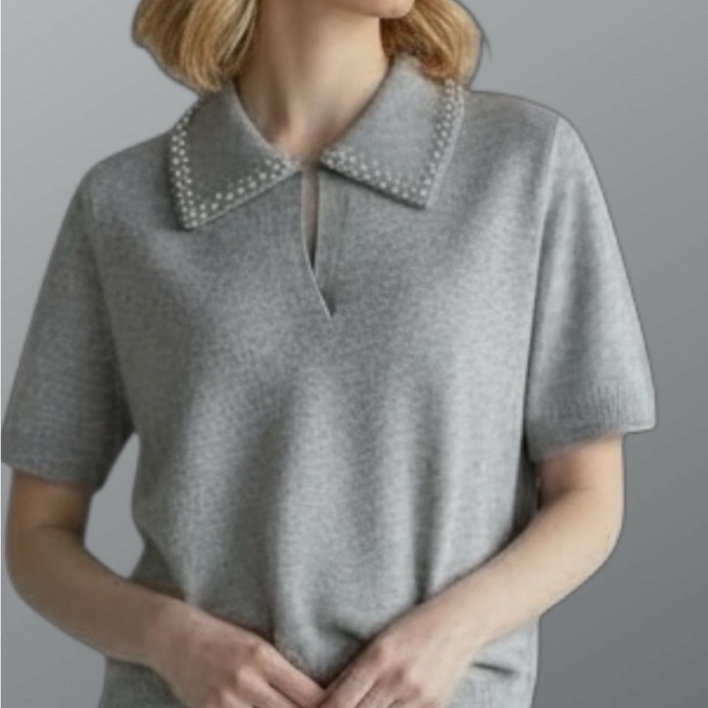 Song of Style by Aimee Song Gray Knit Embellished
Polo Top